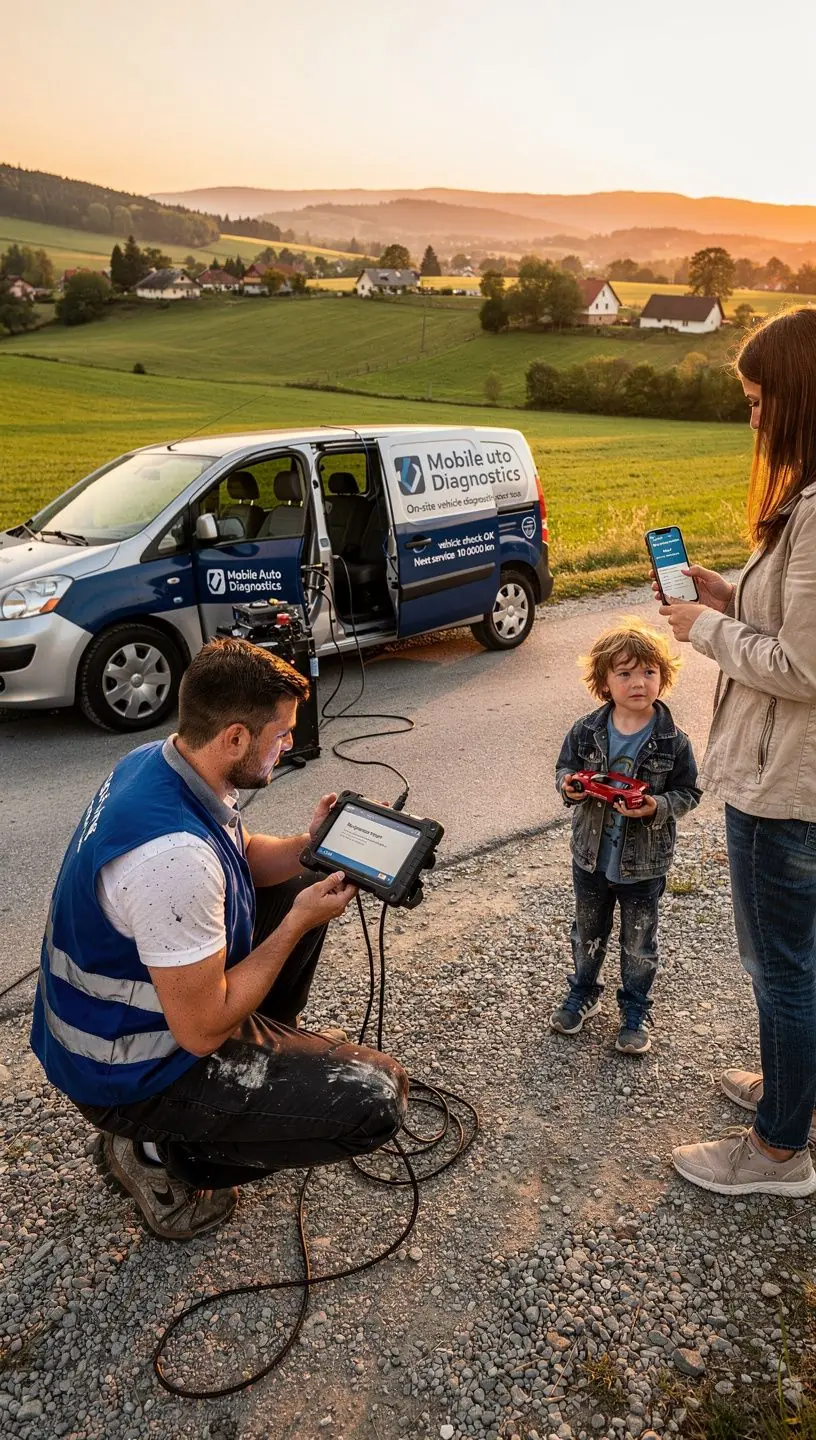 Servisné vozidlo s vybavením pre mobilnú pred-diagnostiku stojí pred autoservisom v slovenských podmienkach.